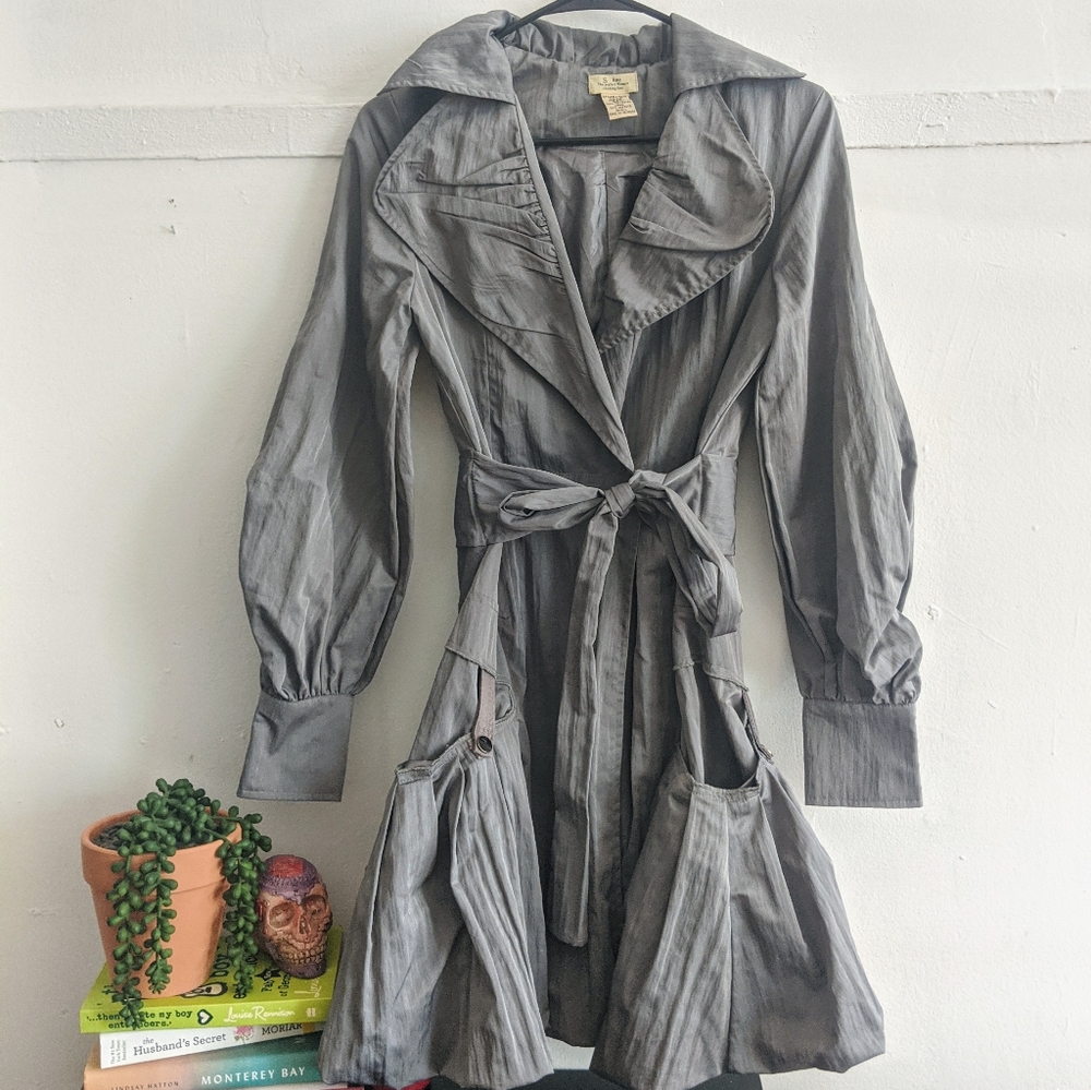 Vintage Metallic Gray Ruffled Petticoat Trench Coat Jacket